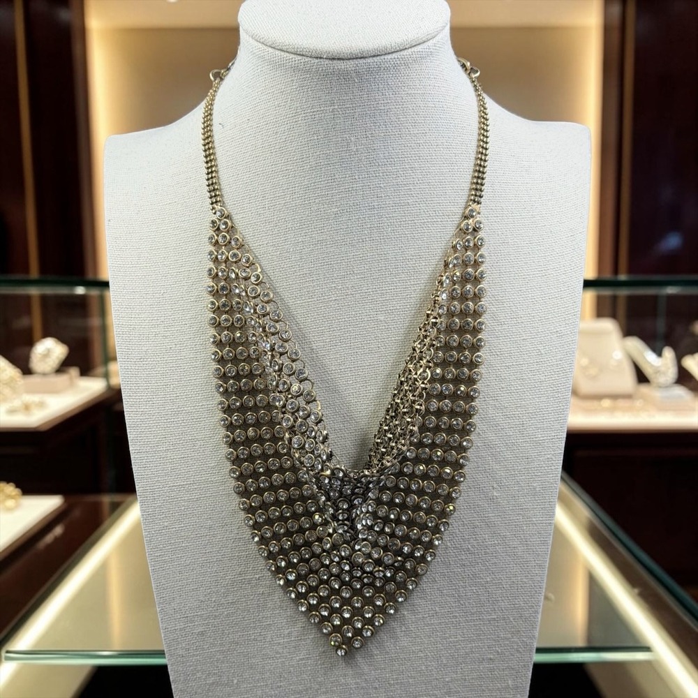 BKE Gold Brass Tone Rhinestone Mesh Bib Statement Necklace Crystal Y2K Glam 16"